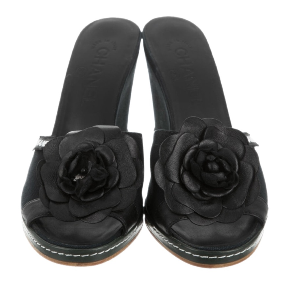 💗CHANEL Canvas Leather Camellia Slide On Platform Wedge Sandals • BLACK • 36.5EU - Picture 11 of 12